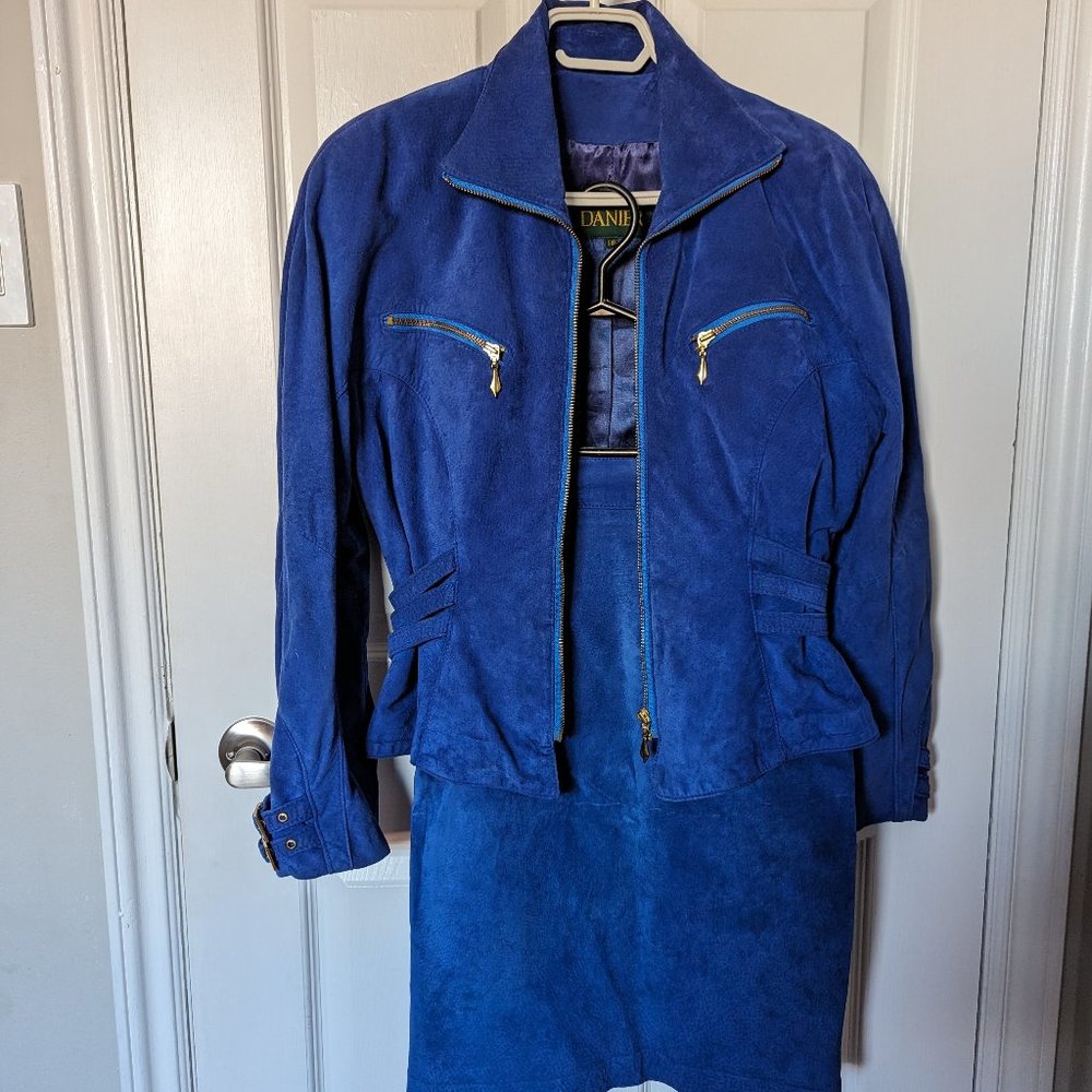 Vintage Danier Suede leather jacket Skirt 2-PC Suit Set Cobalt Blue Size S